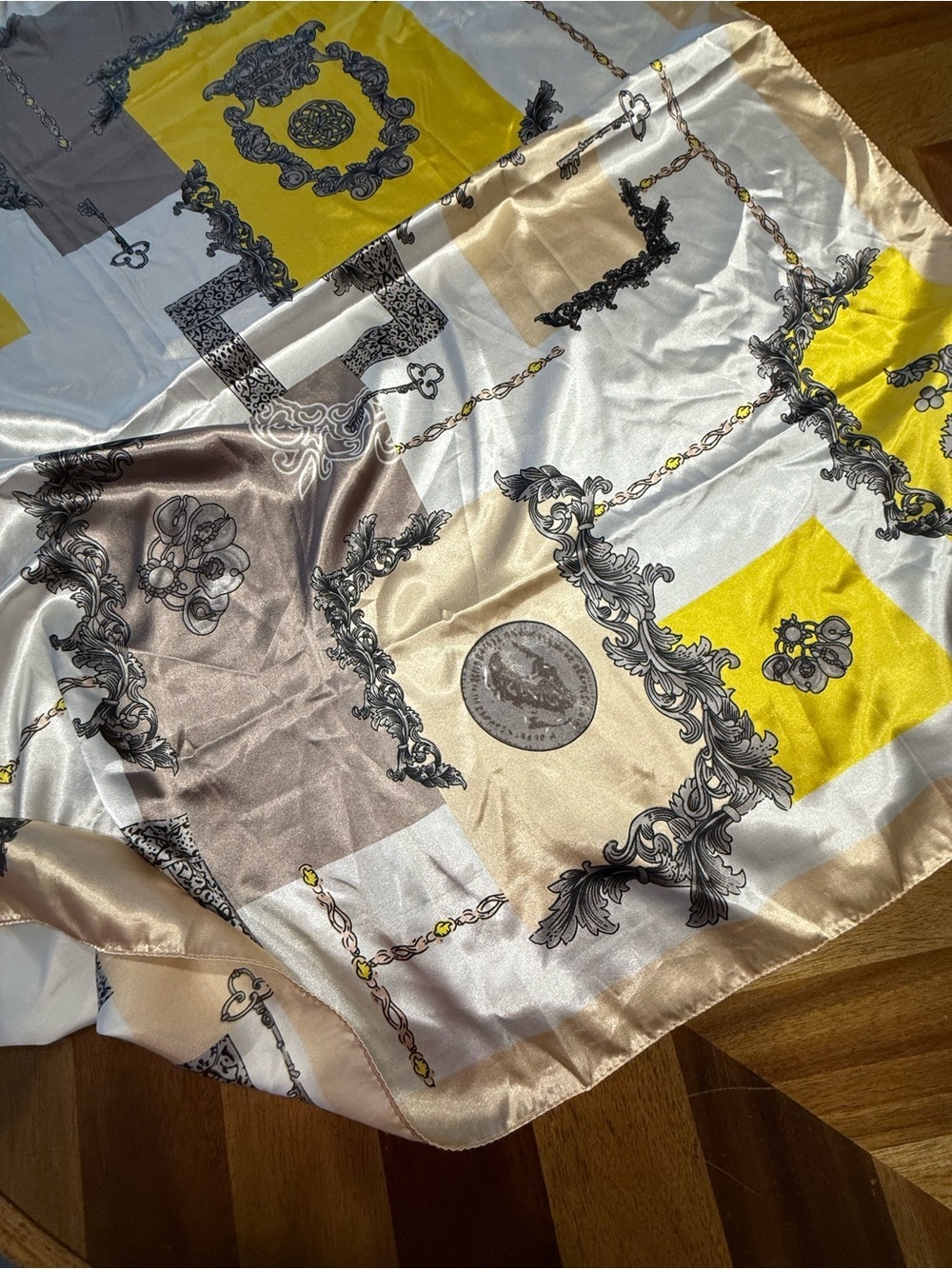 Silky Square Scarf with Yellow, Beige and Gray Geometric Print silk feeling poly - Picture 3 of 8